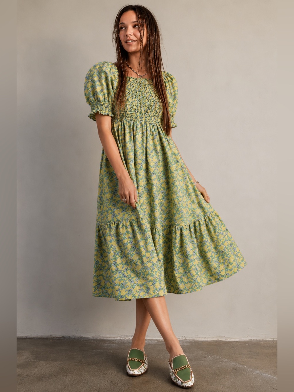 easel Green Floral Smocked Midi Dress with Puff Sleeves